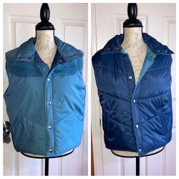 Vintage 70s Vest Reversible Corduroy Snap Closure Fall Winter Blue Medium Mens - Picture 1 of 10